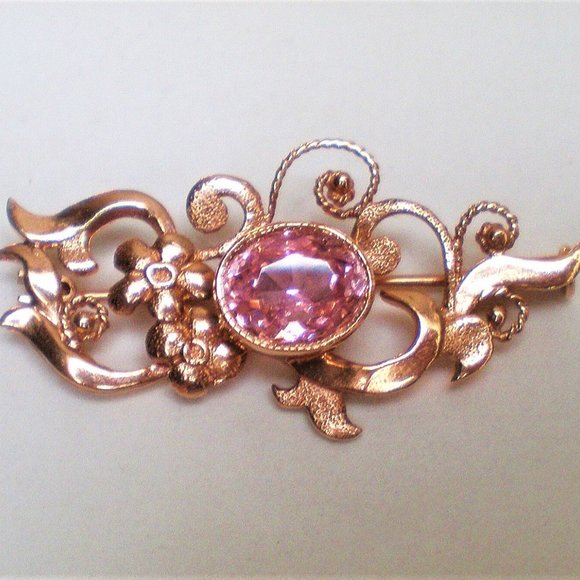 Vintage Russian Soviet USSR 14K 583 Rose Pink Gold Pink Tourmaline Brooch Pin - Picture 2 of 4
